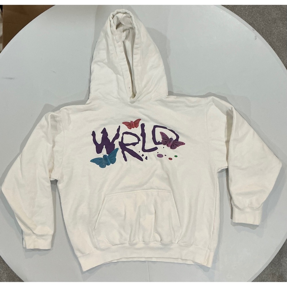 999 Club Juice WRLD Hoodie White Butterfly Graphic Streetwear Rap Merch Mens L